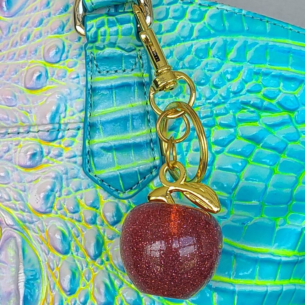 Red OR Pink Apple Purse Charm and Key Ring Gold Tone Hardware - Picture 3 of 11